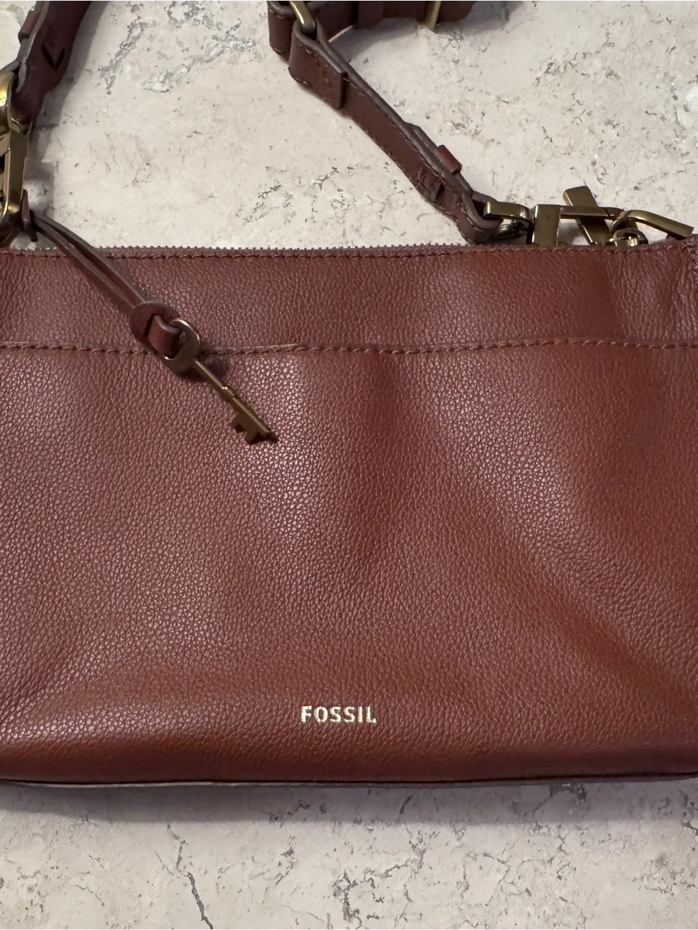 Fossil Leather Crossbody Bag, Cognac Brown, Pebbled Leather, with Brass Hardware